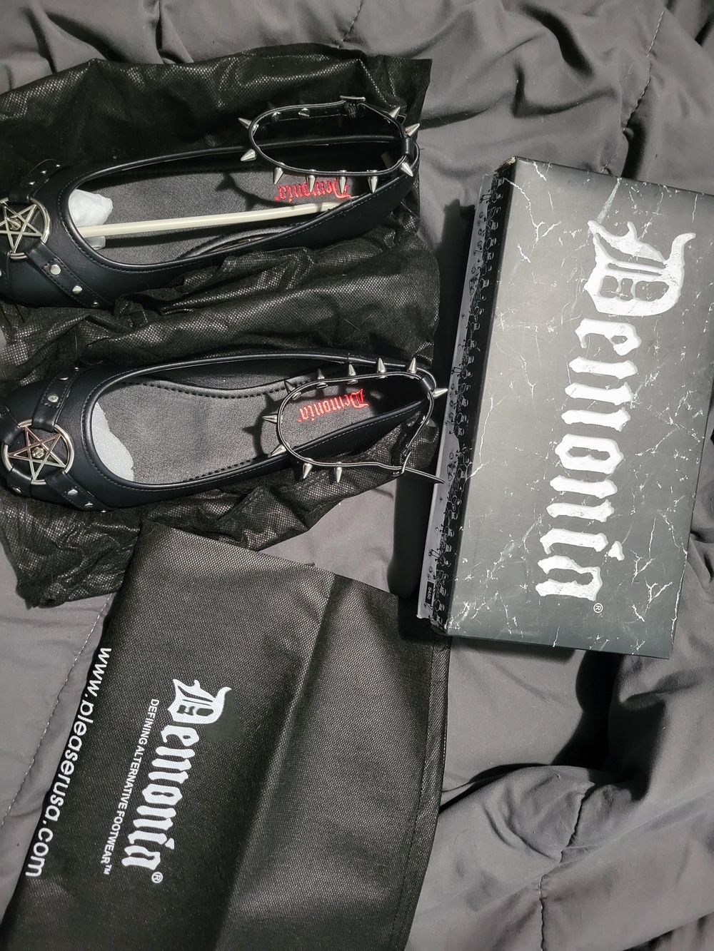 Demonia Black Spike-Strap Pentagram Flats
